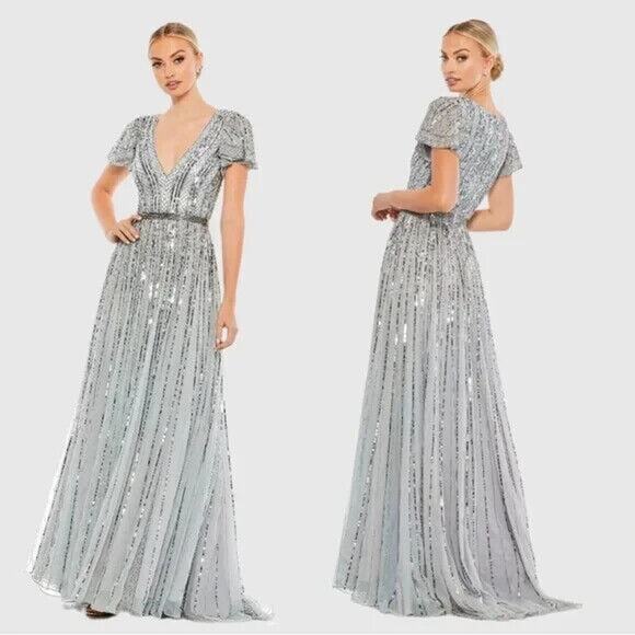Mac Duggal 70108 Stripe Sequin V-Neck Maxi Gown Size 18 NWT‎ Slate Blue - Picture 1 of 7